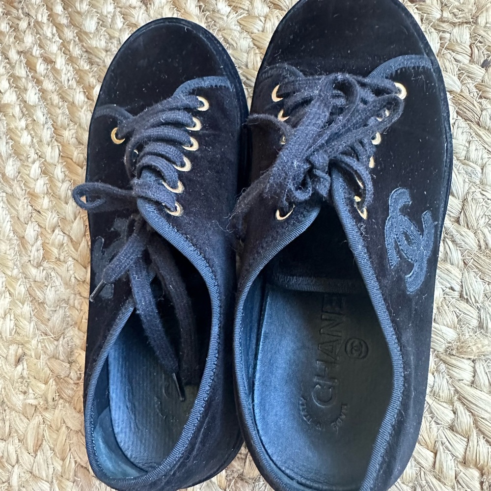 CHANEL Black Velvet Lace-Up Shoes
